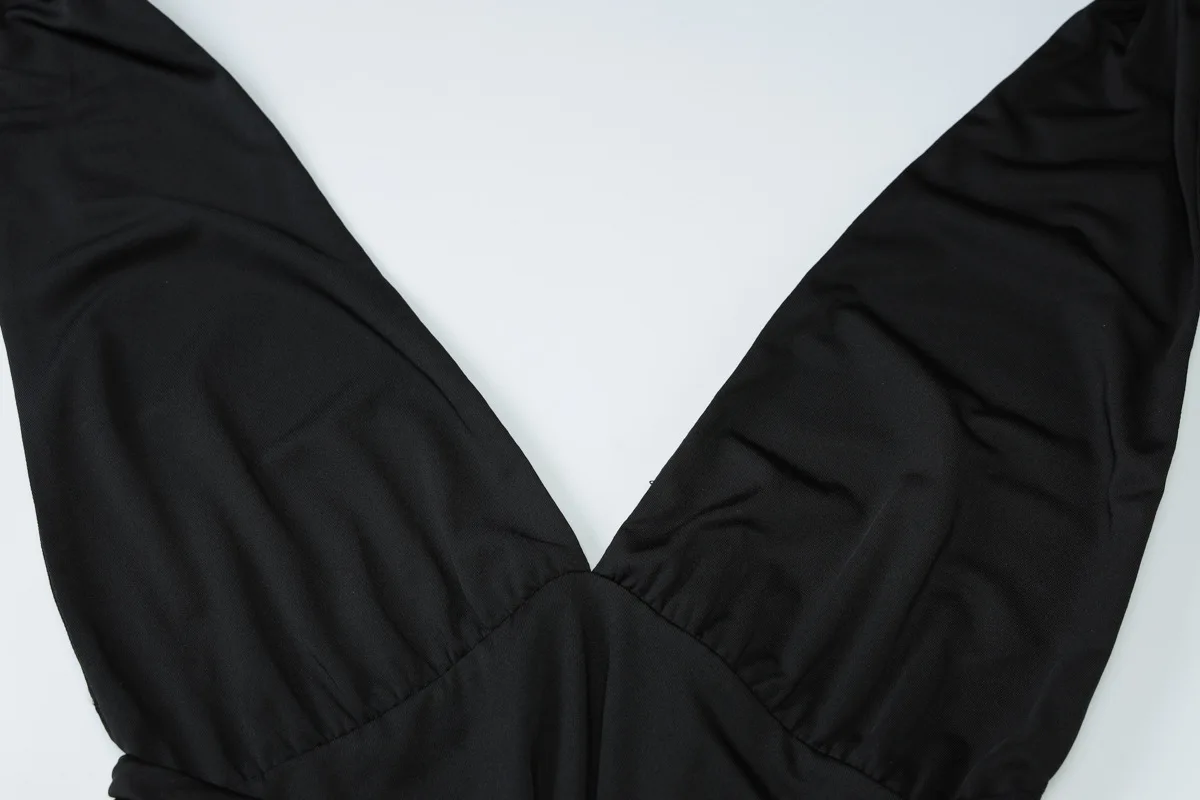 Metal Buckle Ruched Irregular Midi Party Dress Women Fashion Solid Deep V-neck Lace Up Halter Backless Slim Holiday Beach Robes