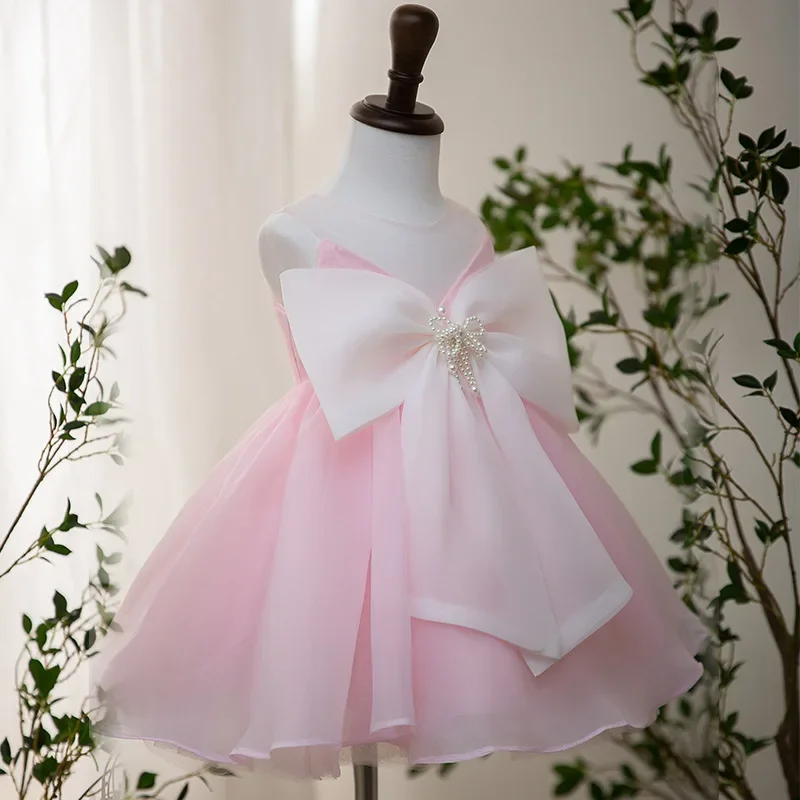 Flower Girl Pink Luxury Dress Children Birthday Baptism Dresses For Kids Elegant Big Bow Frocks Girls Boutique Party Wear Dress