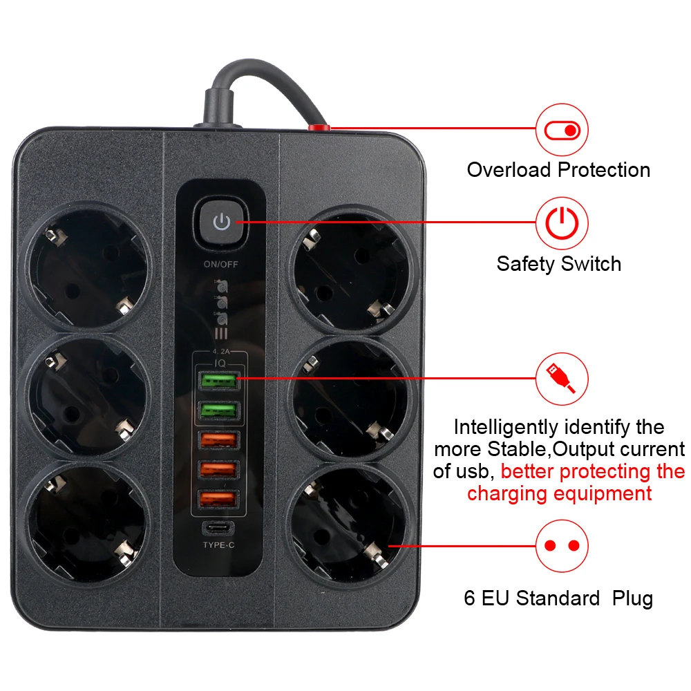 Extension Socket USB Type C Power Strip For Office Home Overload Protection 2M Cable With Safety Switch Outlet EU Plug 3000W