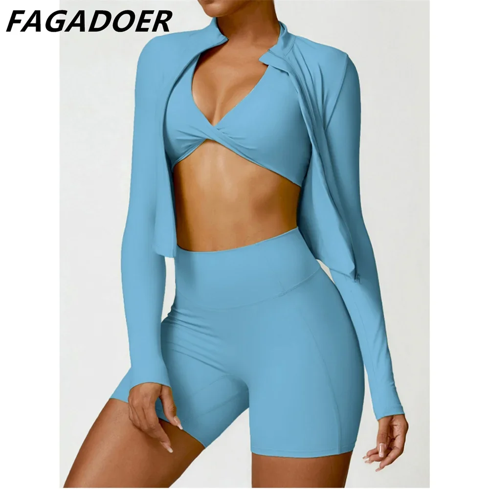 FAGADOER Candy Color Sporty 3pcs Sets Outfits Quality Stretchy Tracksuit Female Workout Street Wear Vest+Coat+Biker Shorts Suits