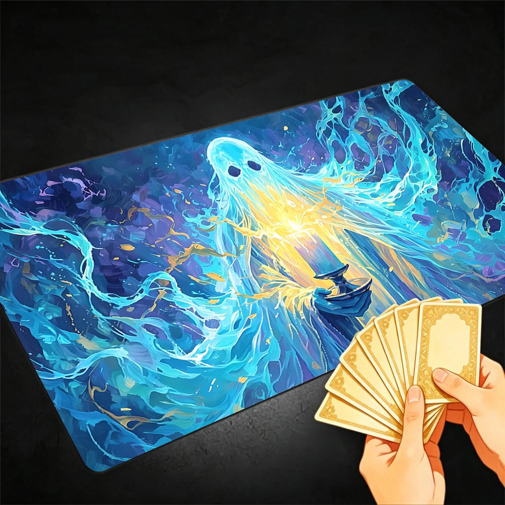 Mysterious Blue Ghost TCG Playmat Magic Playmat Gathering Gaming Mat with Stitched Edge Anti-slip base 60X35cm Trading Card Game