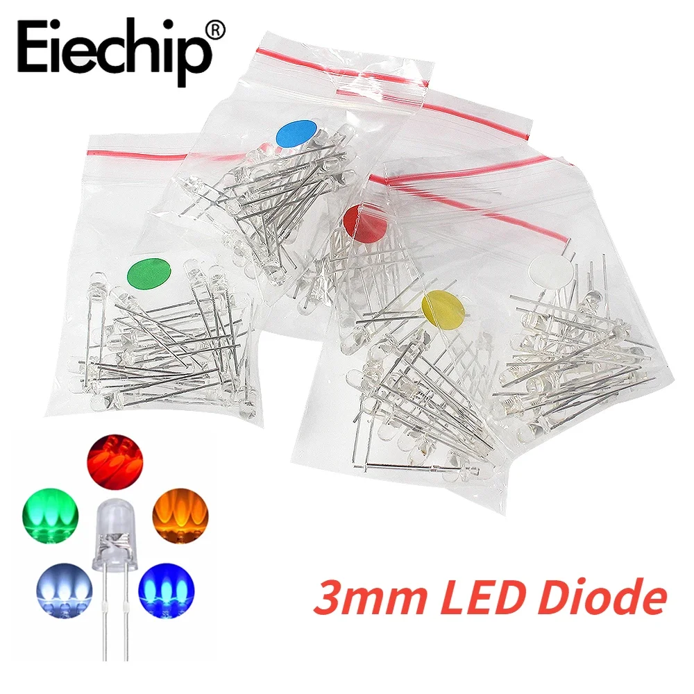 

50PCS 3mm LED Diode Clear Bright Multicolor Individual Light Diodes Assortment Kit Red/Green/Blue/Yellow/White/Orange