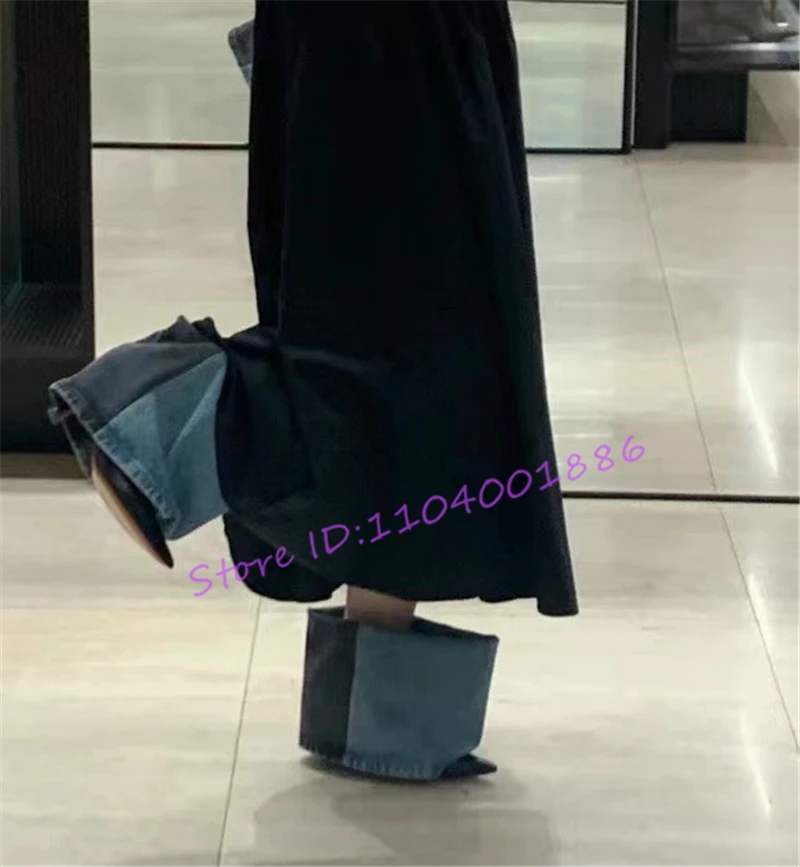 

Autumn Winter Women's Denim Boots Retro Mixed Color Pointed Toe High Heels Trouser Turned-Over Edge Boots Fashion Runway Shoes