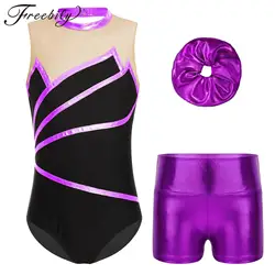 Kids Girls Sleeveless Ballet Dance Leotard with Metallic Shorts Children Rhythmic Gymnastics Leotard for Girl Skating Bodysuit