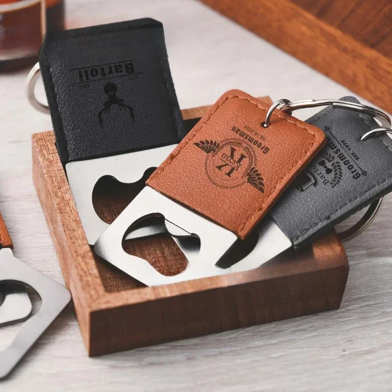 Laser Engrave Stainless Steel opener Leather Keychain Custom Logo Beers Bottle tools Car Key Chain Personalize Company Keyring