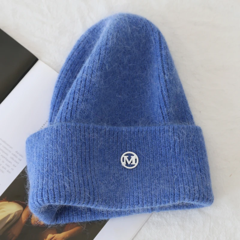 2024 Fluffy  Angora Hat Rabbit Fur Warm Winter hat For Womans  Cashmere Wool Soft  Beanies Blue Knitted Hat Outdoor Ski  Female