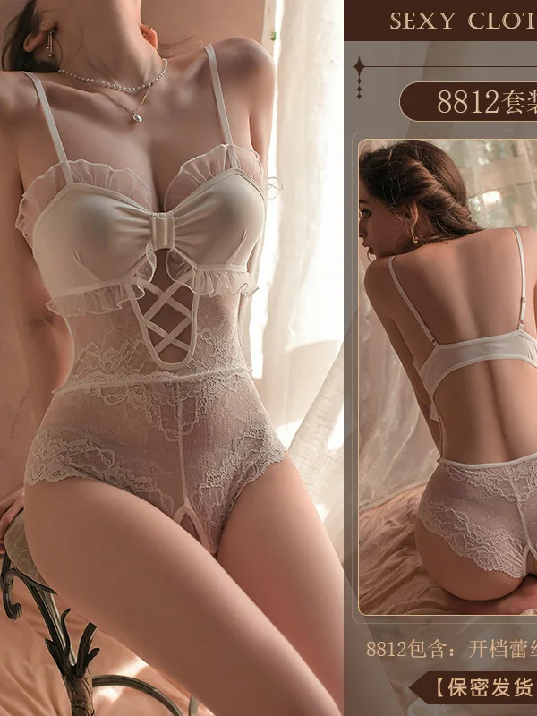 Sexy Hanging Strap Lace Hollow Out  Open End One Piece Women's Perspective Gauze Embroidery Solid Color Fashion Bodysuits  9BUP