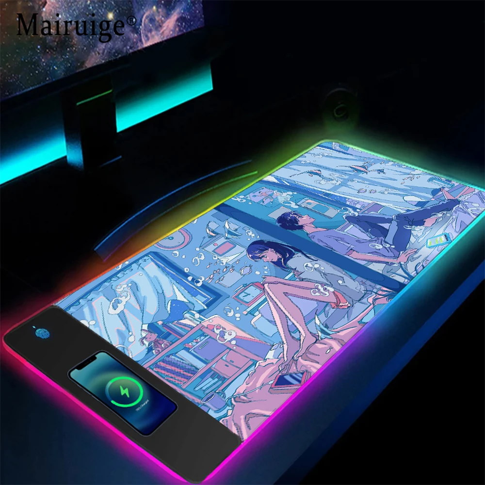 Mairuige Anime Boys Wireless Charging Gaming Mat City Clouds Sky Cityscape Kawai Mouse Pad Rug for Bedroom Desktop Accessories