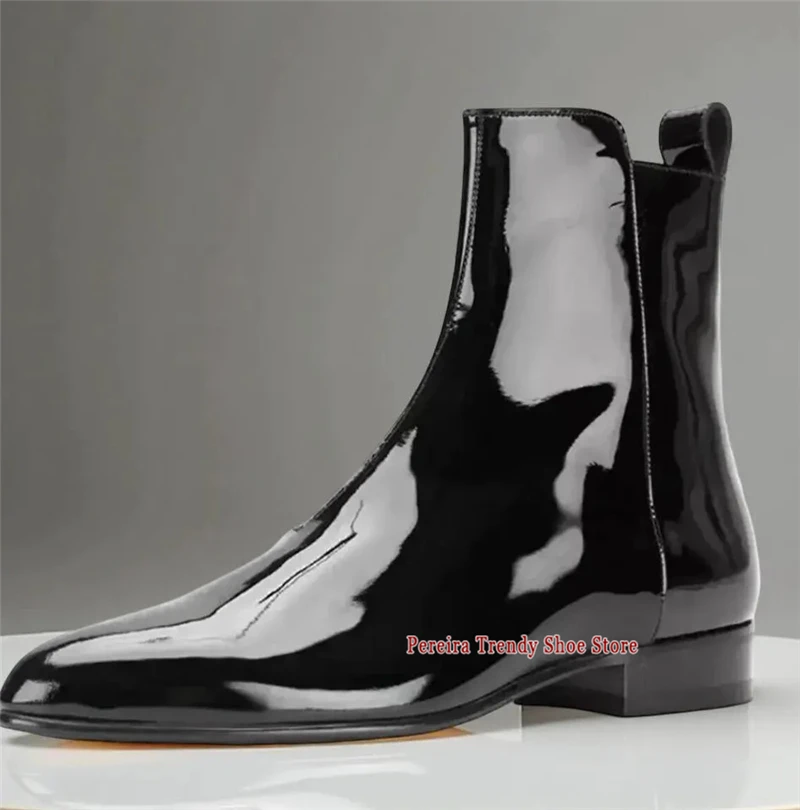 British Style Men's Patent Leather Ankle Boots Pointed Toe Cowhide Low Heel Chelsea Boots Spring Autumn New High Top Shoes