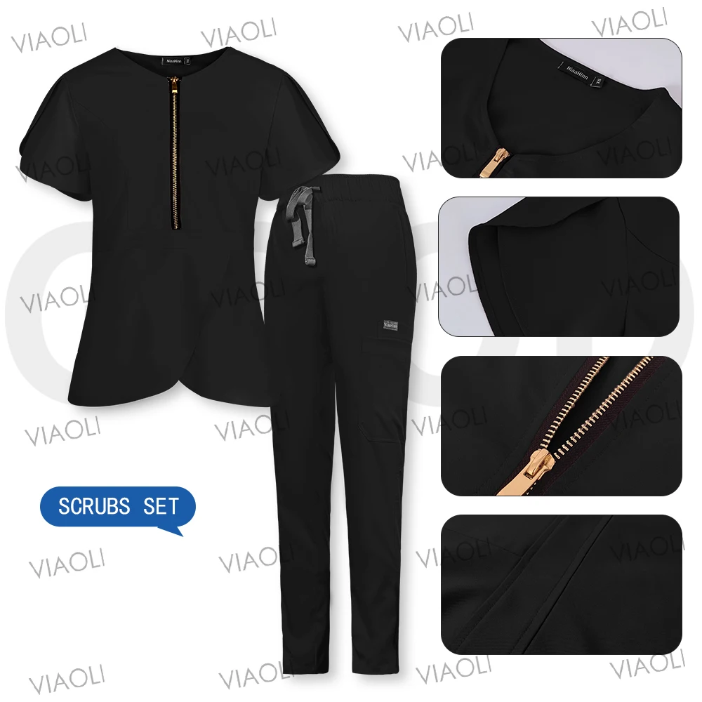 Medical Scrub Set Beauty Hospital Surgical Uniforms Women Scrub Tops Pants Nurses Accessories Dental Clinic Pet Workwear Clothes