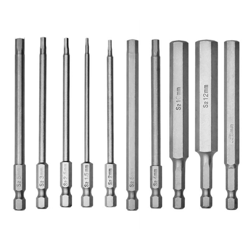 8/10 pz 1/4 "testa con gambo esagonale AllenWrench cacciavite SocketBit 1.5-12mm Set di punte per cacciavite magnetico 100mm di lunghezza