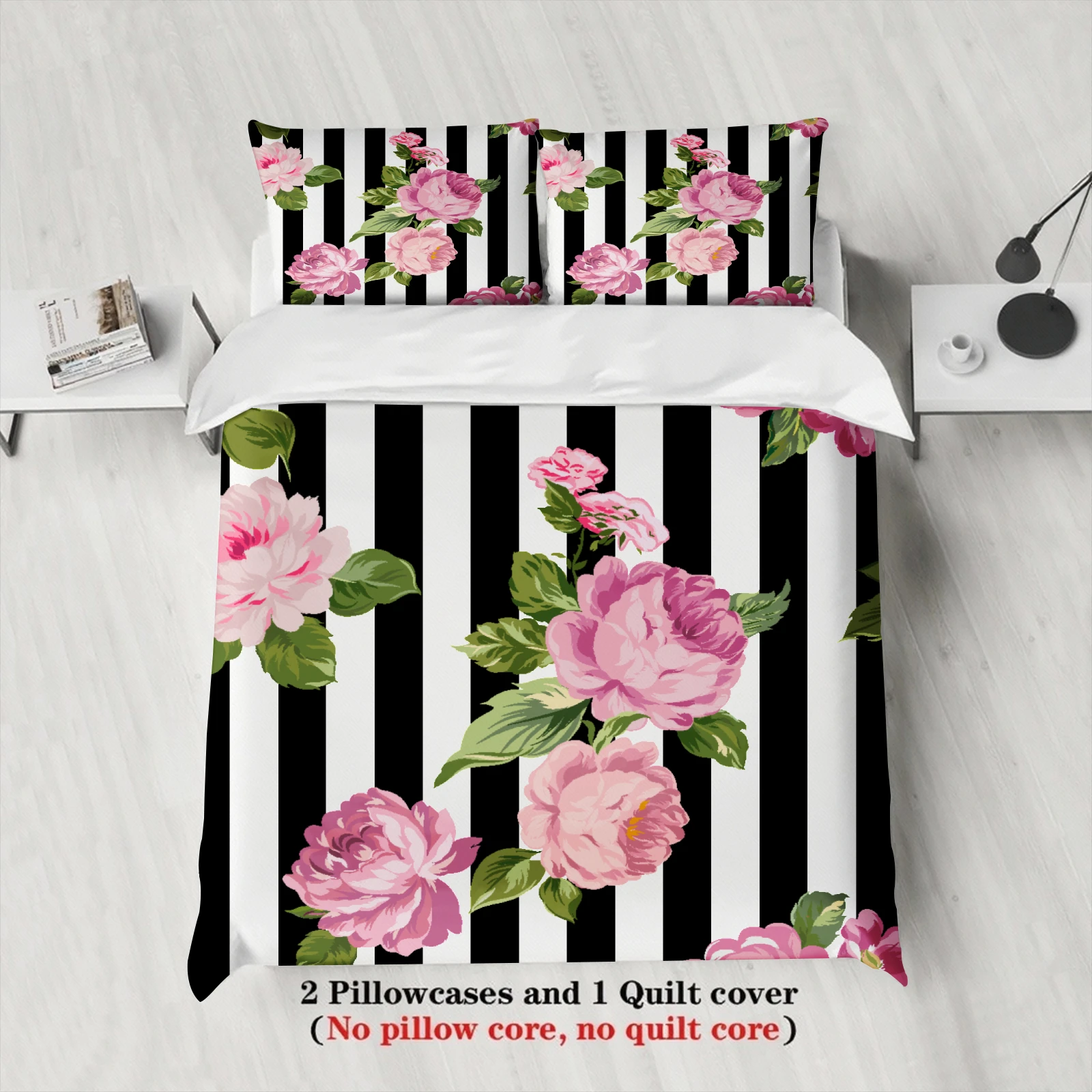 3pcs Pink Blossoms Duvet Cover Zebra Stripe Watercolor Style 3D Printed Single Twin Queen Size 100% Polyester Quilt Cover Sets