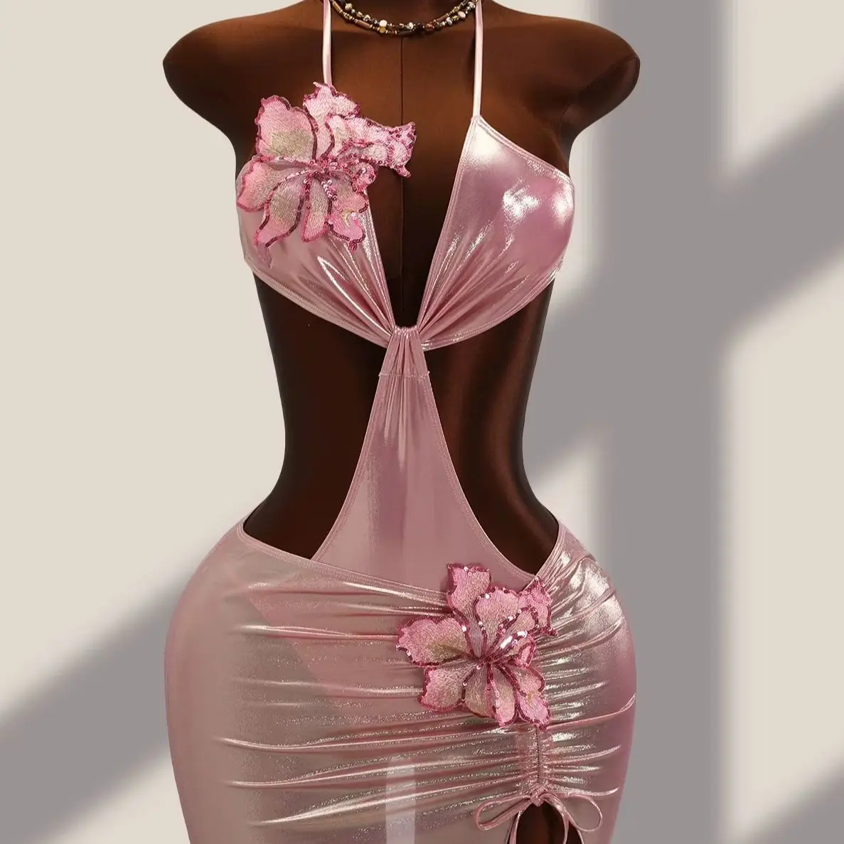 DEKA 2026 New Shiny Pink Flower One Piece Swimsuit High Cut Sleeveless Glossy Bodysuit Sexy Back Monokini Swimwear Beachwear