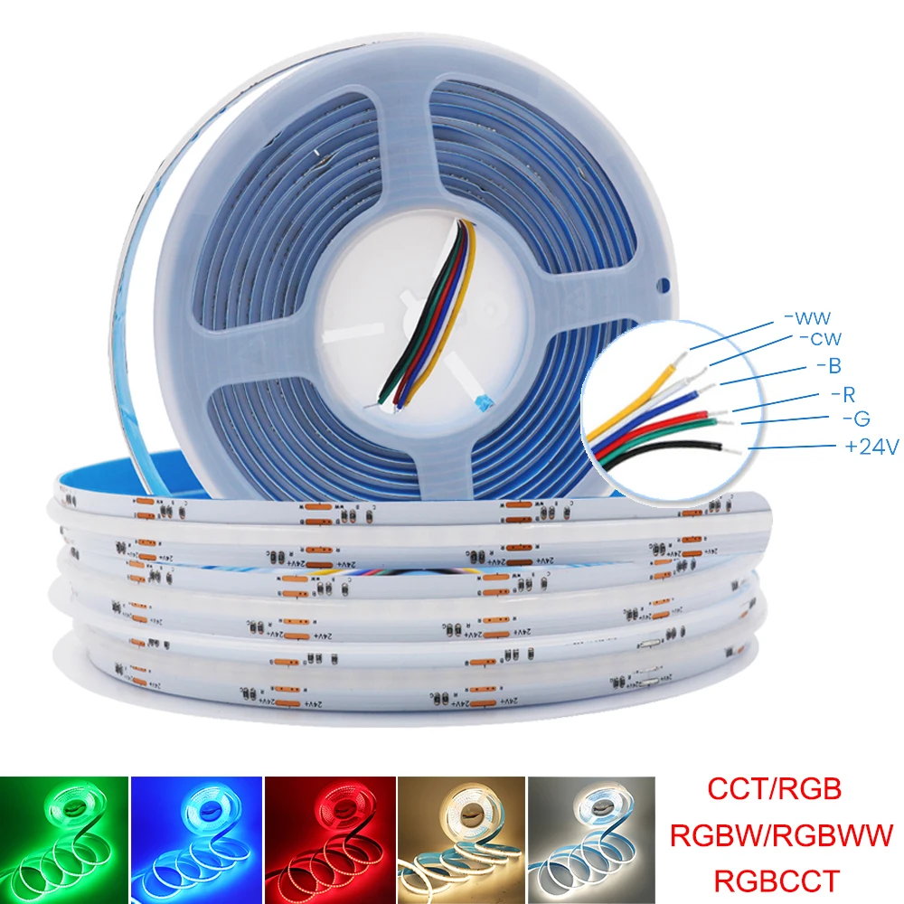 

RGBCCT/RGB/RGBW/RGBWW COB LED Strip Light 12V 24V 784 840LEDs/m High Density Dotless FOB Flex LED Tape Ribbon Lights Bar