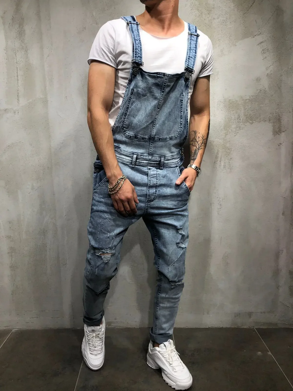 

Four Seasons Men Casual Trendy Washed Skinny Light Blue Black Jean Overalls Pants Daily Slim High Street Denim Pants Streetwear