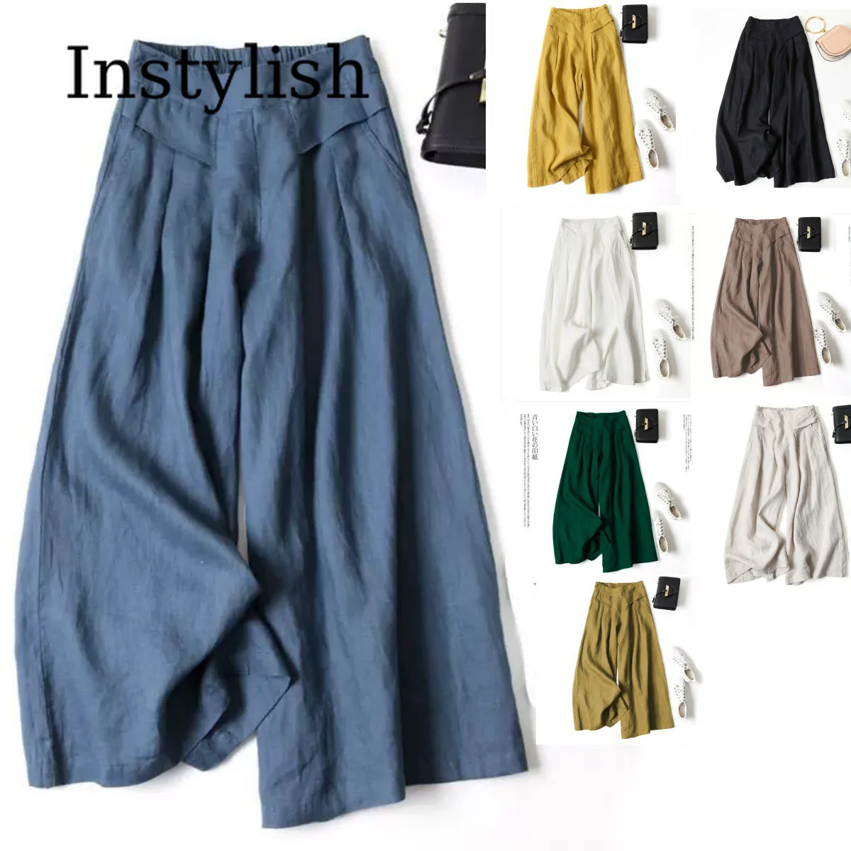 Womens High Waist Pleated Pure Linen Wide Leg Trousers Elastic Back Waist Pocket Loose Summer Office Commute Casual Daily Pants