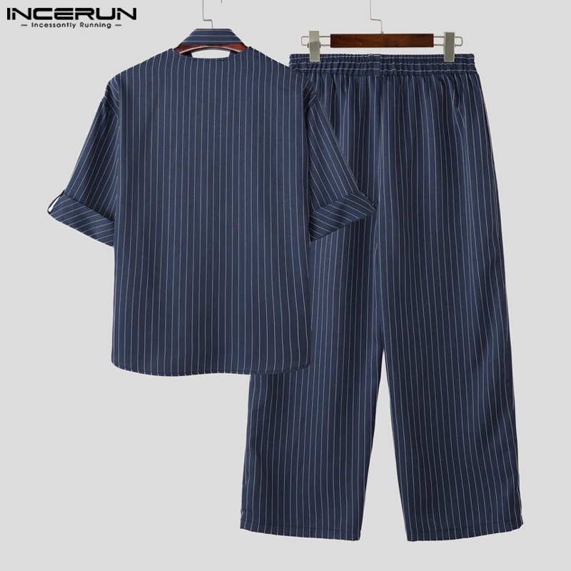 INCERUN 남성 세트 스트라이프 O넥 반팔 셔츠 & 팬츠 투피스 세트 여름 루즈핏 스트릿웨어 2025 패션 남성 캐주얼 슈트