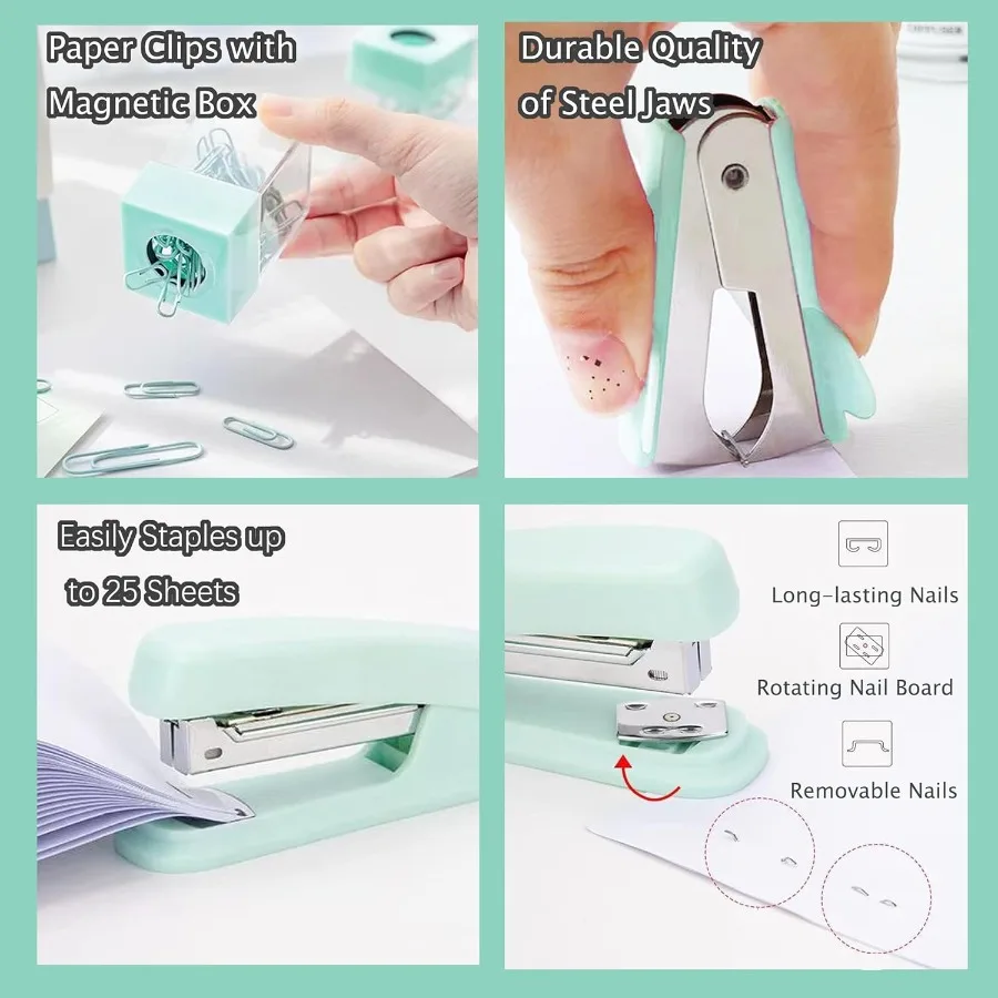 Perlengkapan Kantor Teal Perlengkapan dan Aksesori Kantor Teal Stapler Hijau Mint dan Set Dispenser Pita untuk Meja Kantor Hijau Wanita