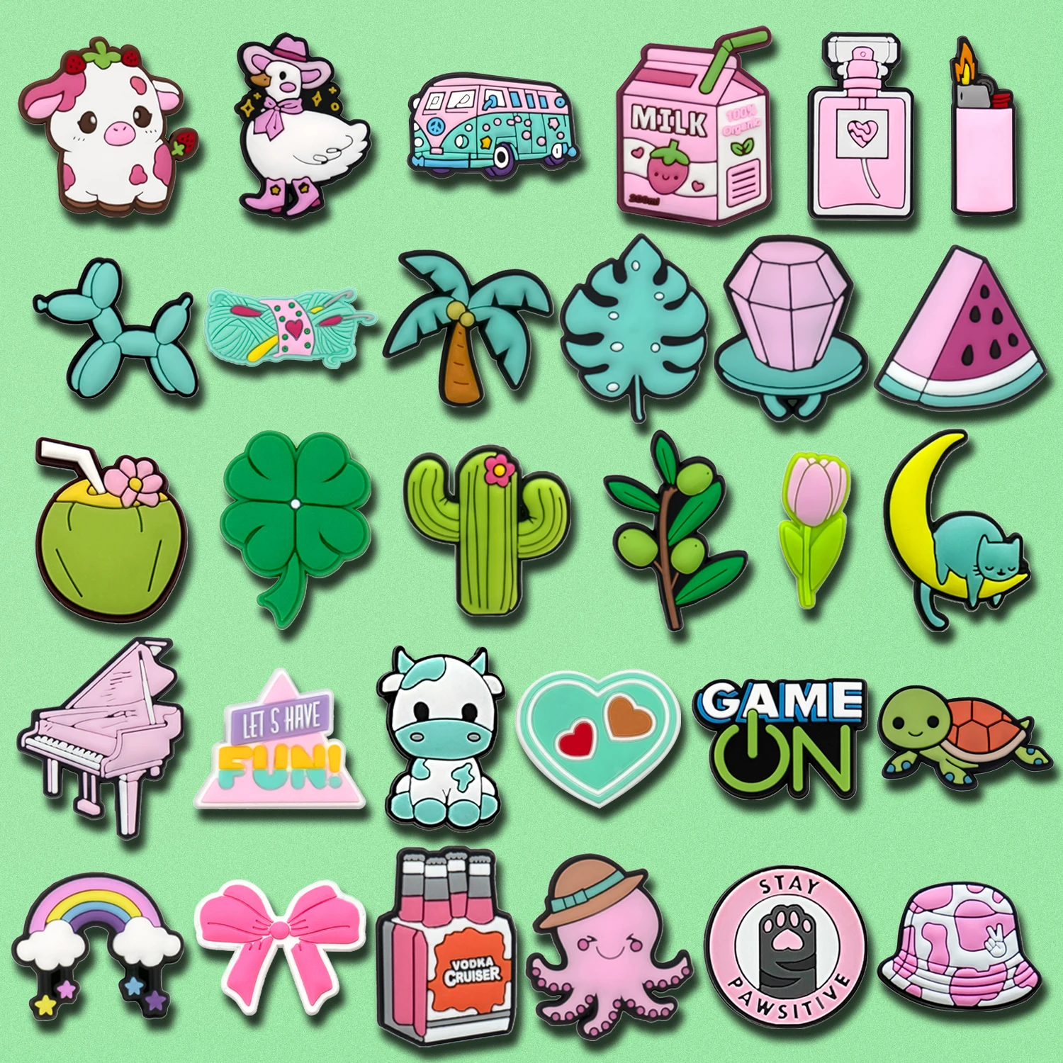 

1/30pcs Rainbow Pink Piano Perfume Shoe Charms for Women Girls Coconut Tree Cactus Shoe Accessories Duck Cow Pin Clog Decoration