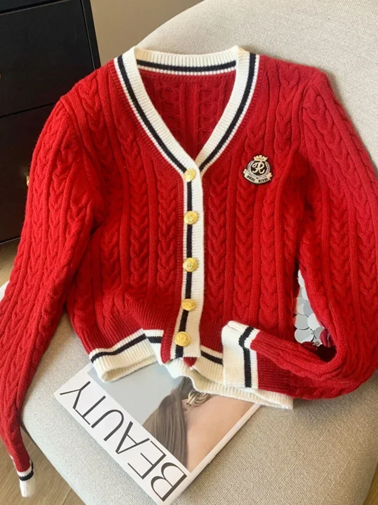 Autumn Winter Women Preppy Style Cardigan Sweater Old Money V-Neck Knitwear Embroidery French Vintage 2000s Aesthetic Thick Cute