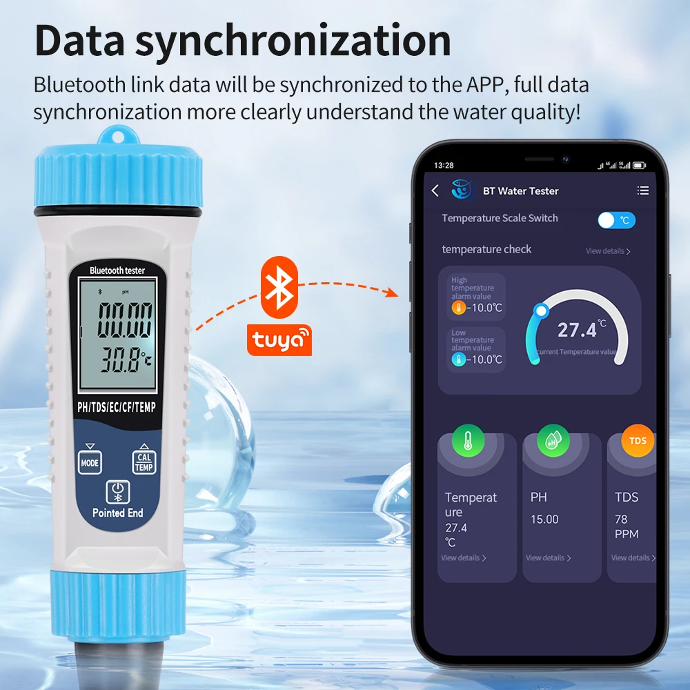 Tuya Bluetooth 5 in 1 PH Temperature TDS EC CF Meter Digital PH Tester Automatic Calibration Function Water Quality Detector