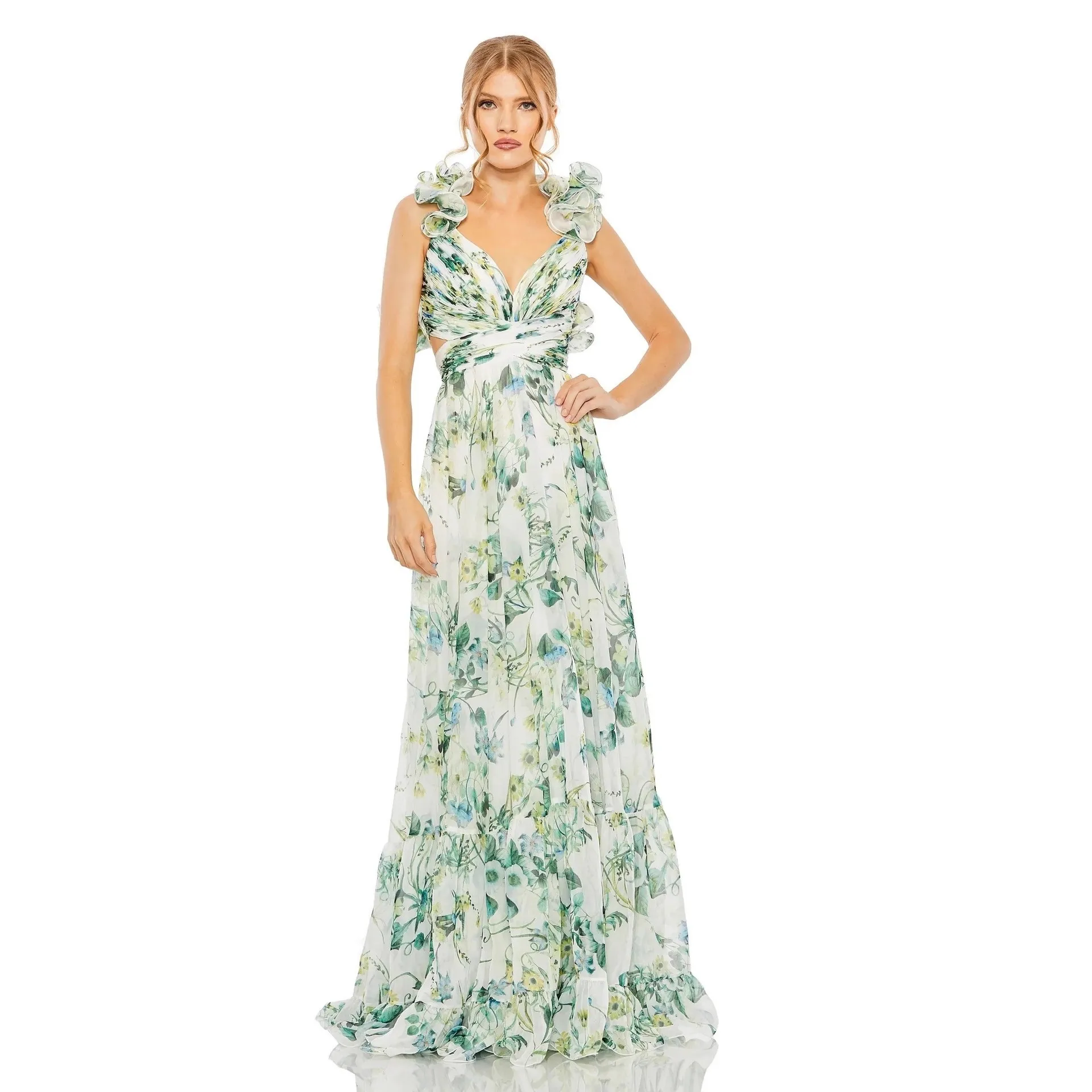 

Luxury high-end celebrity style photography banquet evening dress sexy backless vacation print noble dress