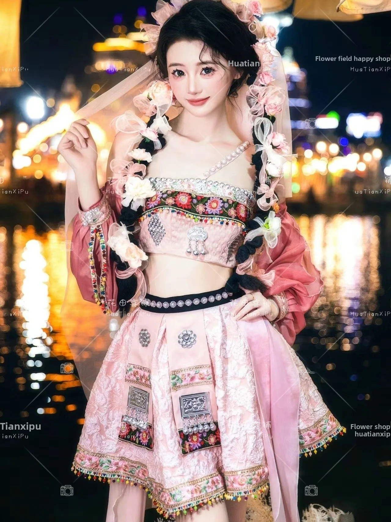 

New Pink Hani Princess Short Skirt Set Women's Ethnic Style Photography Outfit Dali Lijiang Photography Traditional Costume