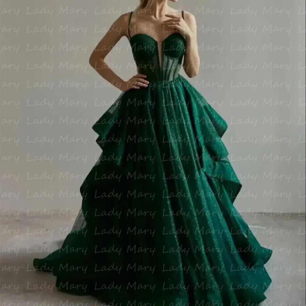 Customized Shining Green Party Dresses A Line Exposed Boning Evening Gowns Spaghetti Straps Neckline Tiered Tulle Prom Dresses ف