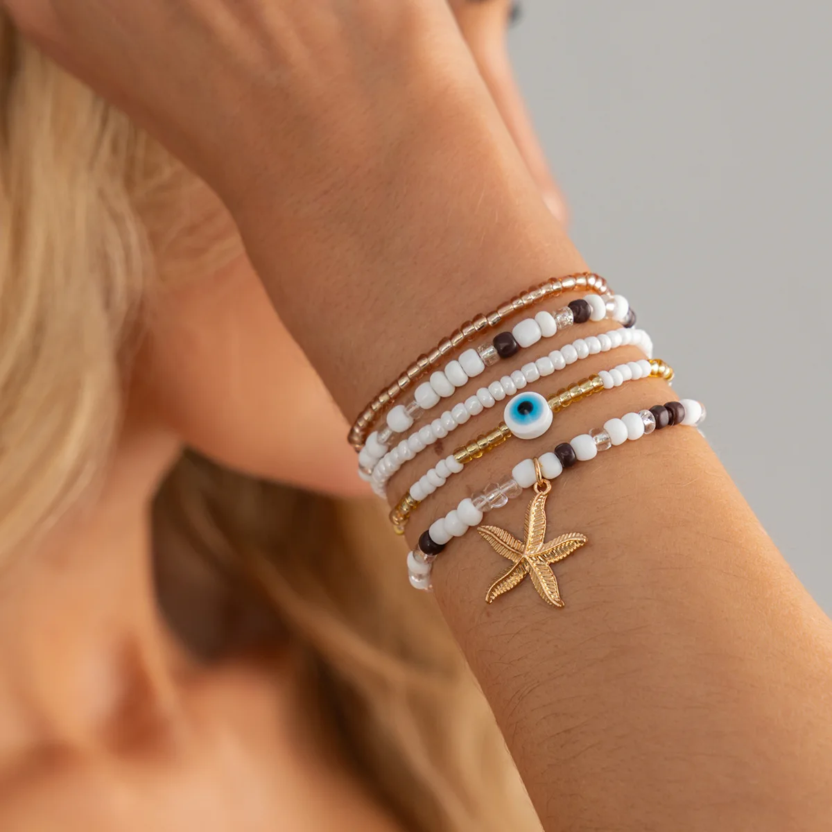 Bracelet Evil Eye Starfish Beaded Elastic Stackable Colorful Bohemian for Vacation Comfortable Durable Lightweight