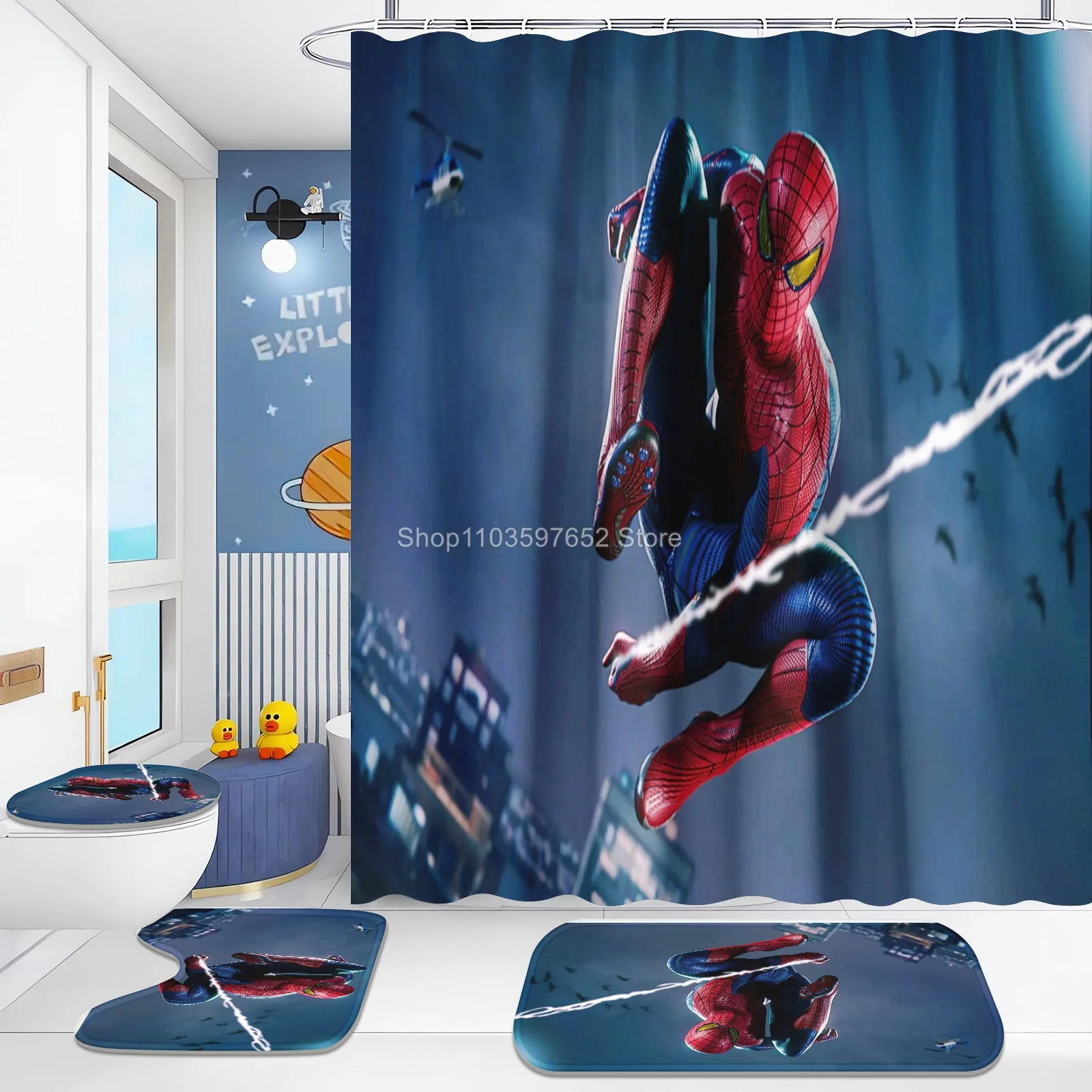 3D Printing Spiderman Shower Curtain Carpet Toilet Cover Cartoon Bath Mat Rug Pad Set Bathroom Decor Kids Gifts