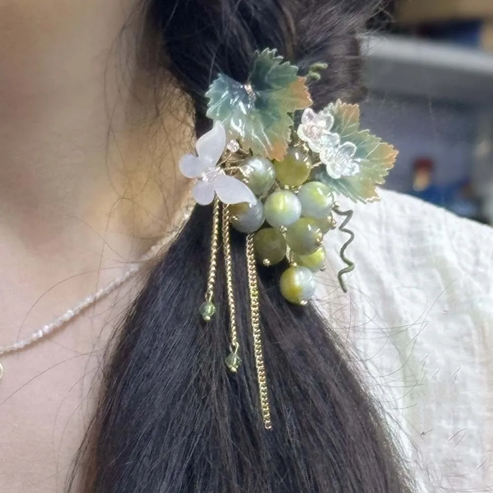 Pince à cheveux en forme de raisin, imperméable, ancienne, petites perles de verre douces, épingles à cheveux, accessoires Hanfu, pompon, Style chinois, Clip latéral quotidien