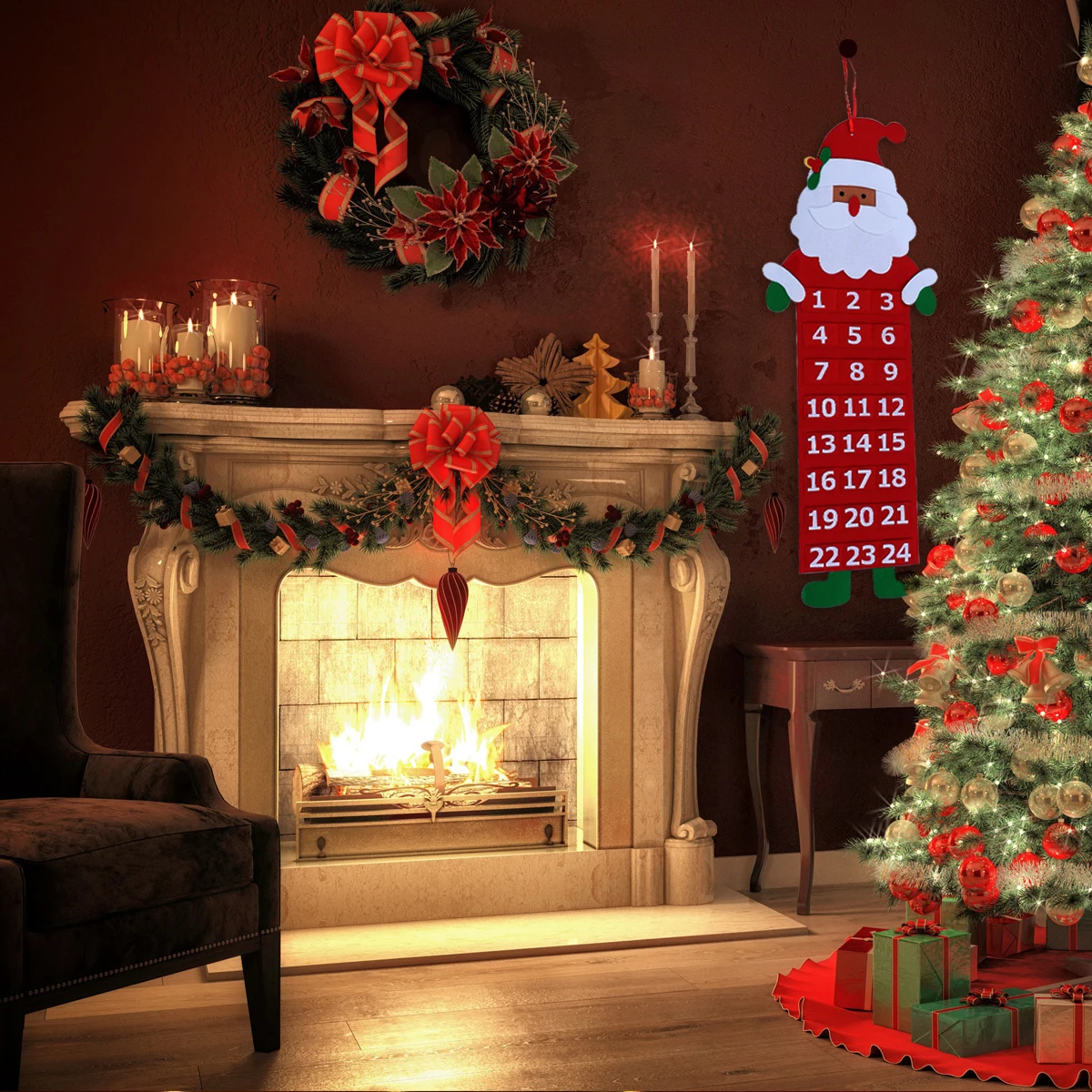 

Christmas Countdown Calendar Santa Claus Shape 24 Pockets Non Woven Advent Calendars Home Decor Hanging Wall Festive Christmas
