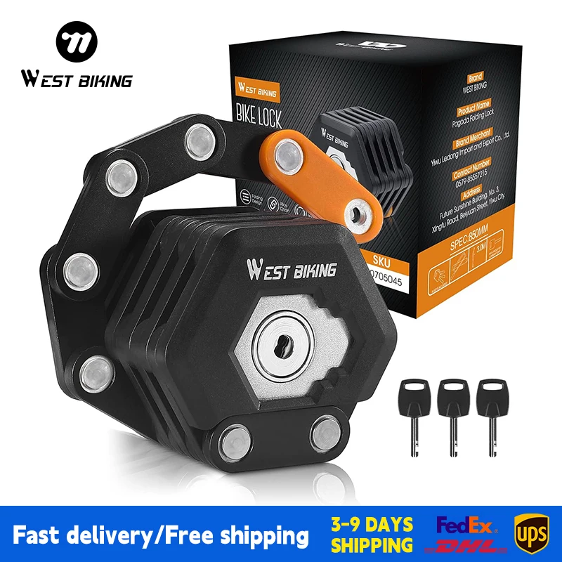 WEST BIKING Foldable Bike Lock With 3 Keys Anti-theft Heavy Duty Chain Cable Padlock Motorcycle Safety Alloy Locks For Bicycle