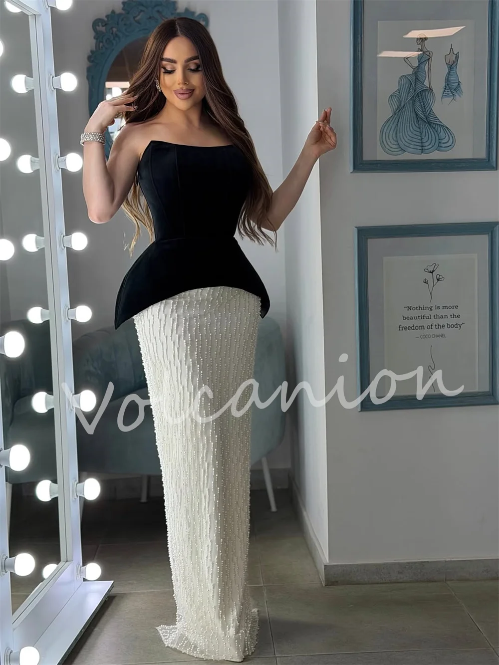 Customized Retro Velour Sequined Pattern Lace Straight Strapless Long Bespoke Occasion Evening Dresses