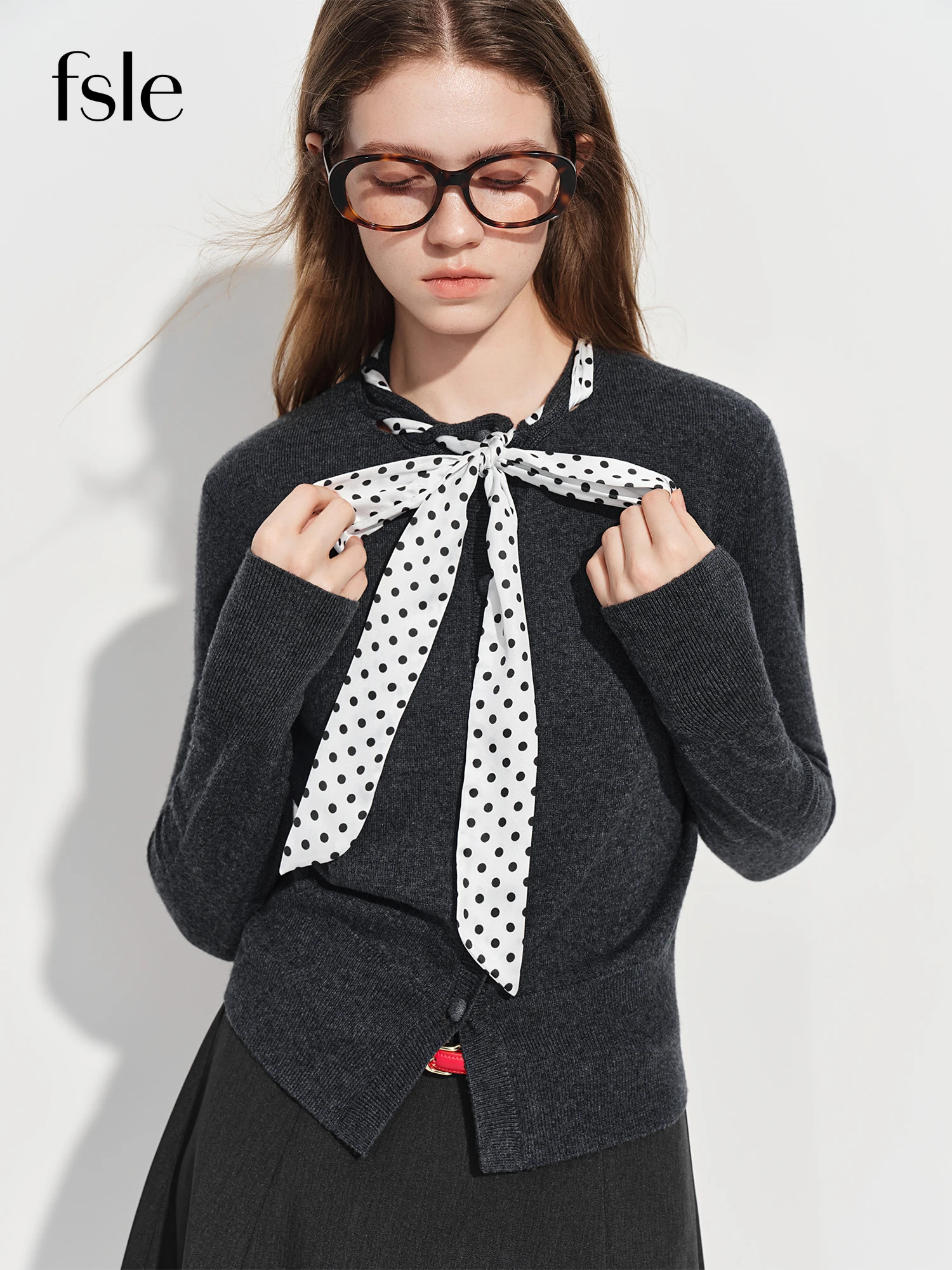 

FSLE 2026 Spring Women's Commute Grey Polka Dot Scarf Knit Cardigan - Elegant Round Neck Open Front Sweater for Office Casual