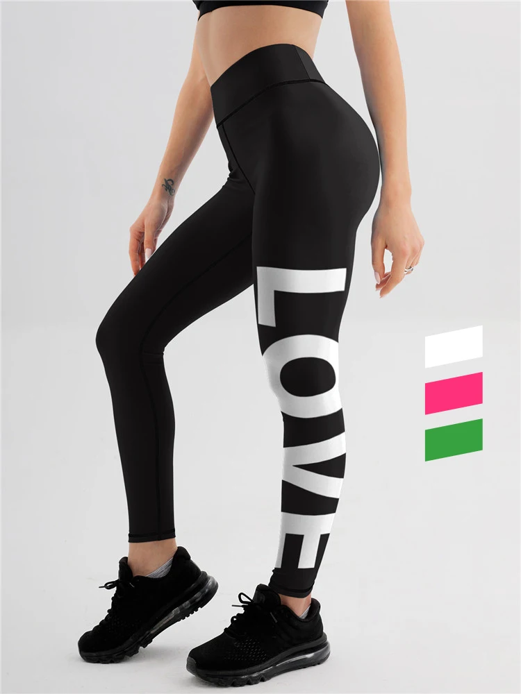 Women\'s personalized printed leggings, fitness leggings, love English parent-child women\'s yoga pants