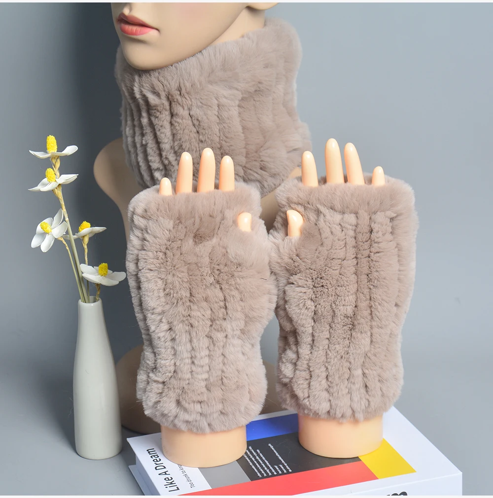 One Set Women Real Rex Rabbit Fur Cuff+Headband Winter Warmer Hat Arm Wrist Sleeve Gloves Female Real Fur Cap+Elastic Wristband