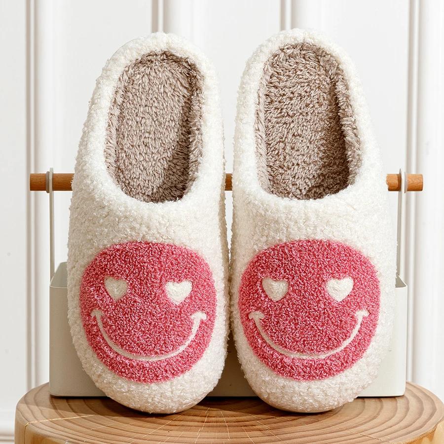 Women Home Winter Slippers Smile Face Heart Eye Style Fluffy House Cute Print Gift Fleece Flat Ladies Indoor HouseShoes