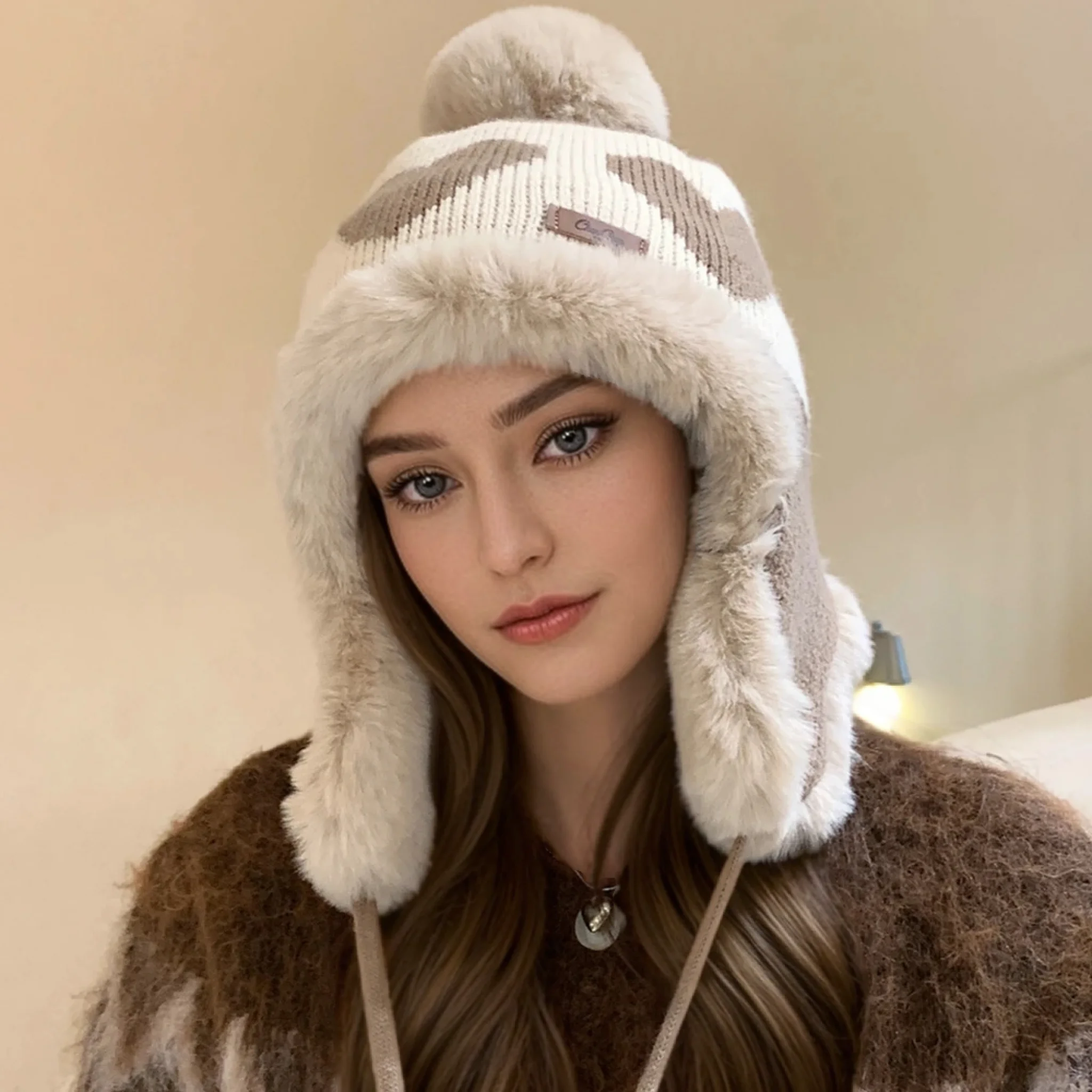 Hot Sale Women Cute Plush Winter Hat Love Print Pompoms Beanie Hats Lovely Ear Protection Cap For Girls