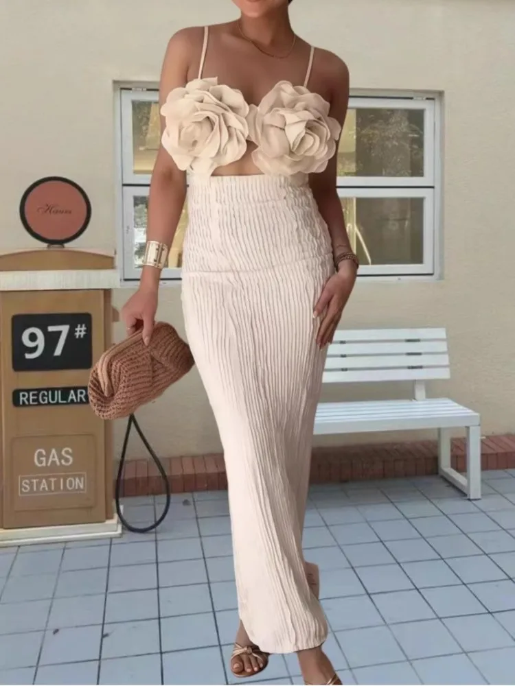 3D Bloemen Spaghetti Jurken Vrouwen Mode Sexy Hollow Out Backless Pakket Hippe Feestjurk Ontwerp Gevoel Banket Vestidos