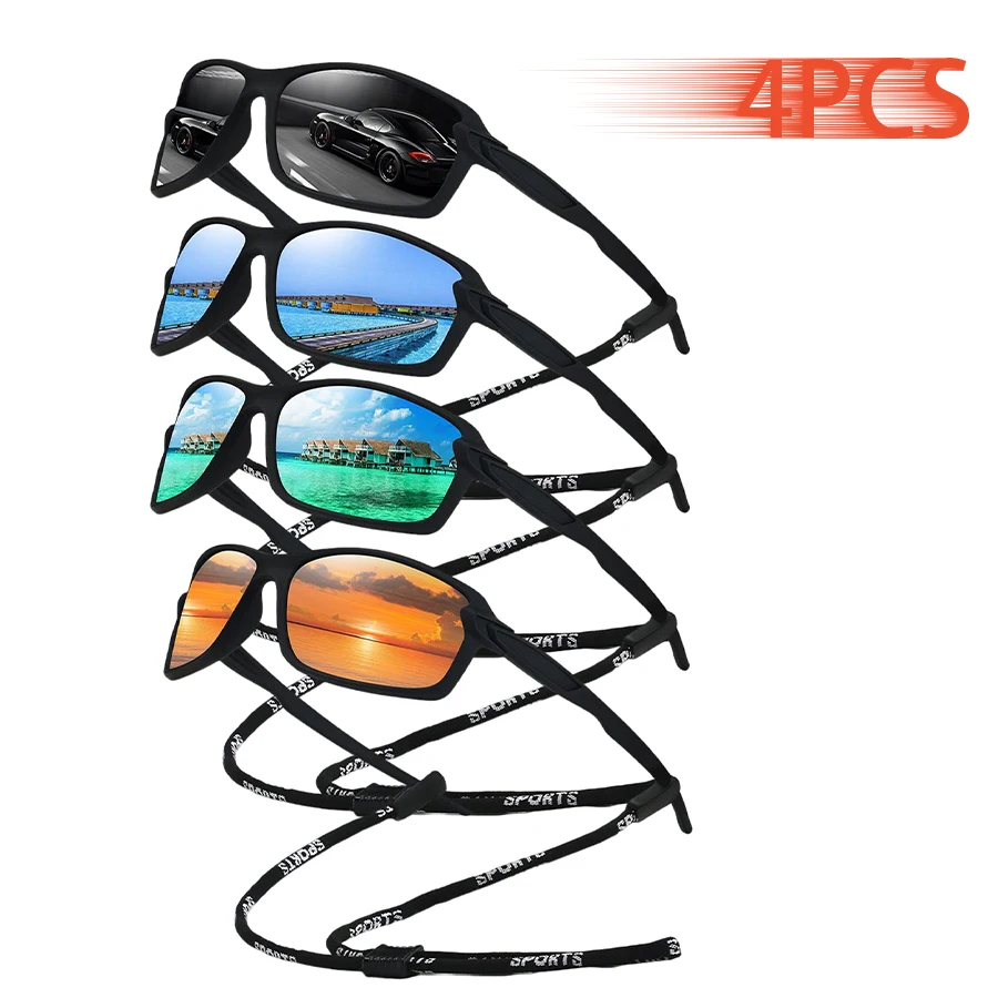 4PCS mit Kette Outdoor Sport Sonnenbrille für Männer Und Frauen Fahren Laufen Bergsteigen Angeln Brillen Fahrrad Schutzbrille