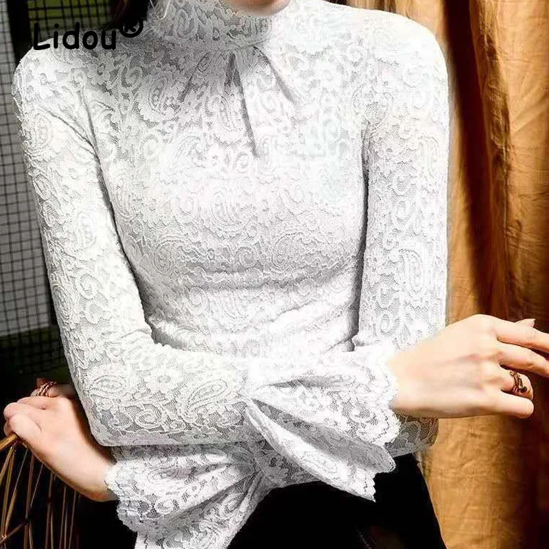 Grace Fairycore Hollow Out Turtleneck Top Tee Flare Sleeve Inside Bottoming Shirt Lace Black White Colours 3XL Slight Strech
