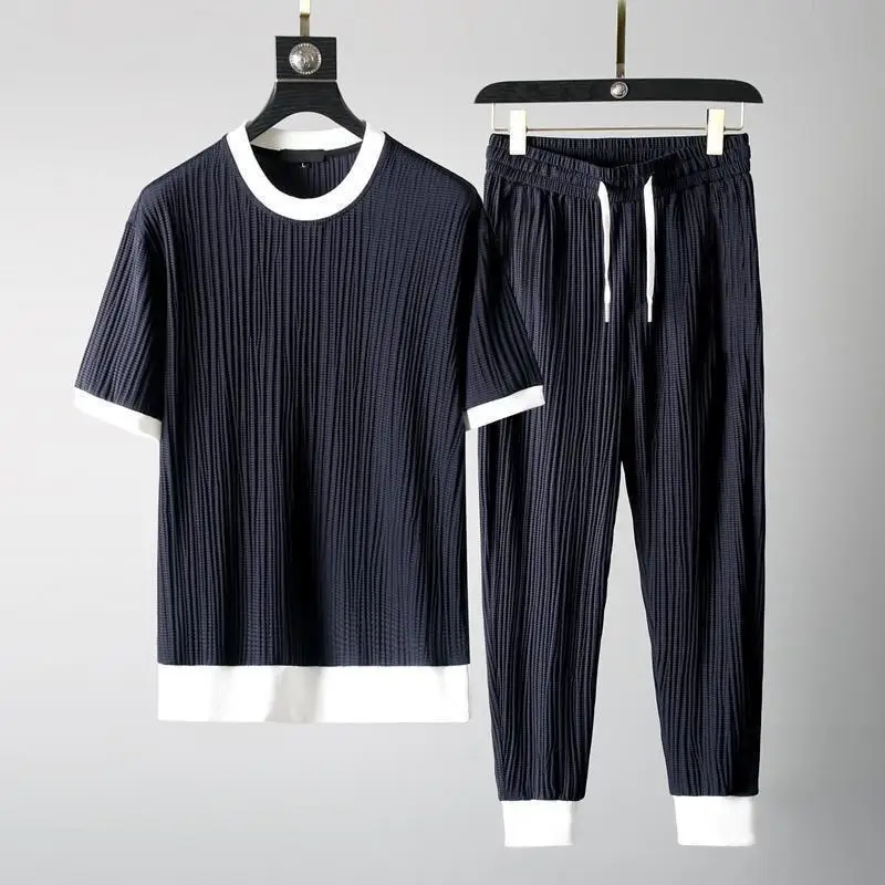 Summer Casual Suit Men\'s 2022 New Round Neck Elastic Breathable Pleated Short-sleeved Nine-point Pants Thin One Set