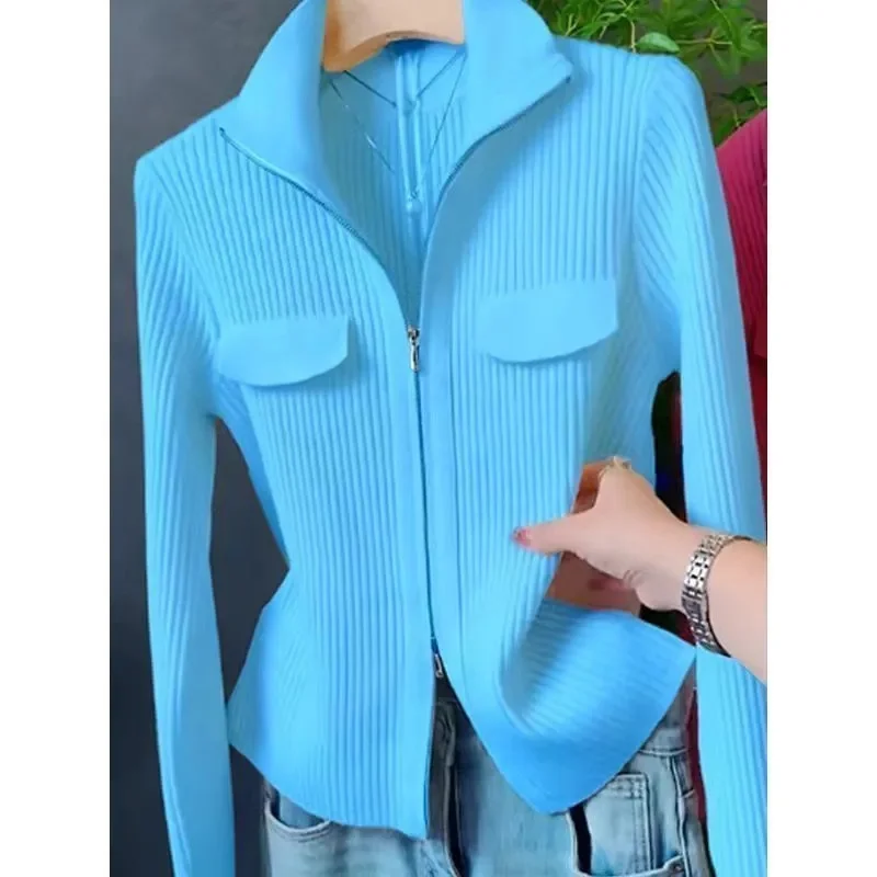 2025 Femme Double Zipper Sweater Cardigan Autumn Ladies Casual Lapel Knit Jacket Korean Women Fashion Long Sleeves Knitted Coat