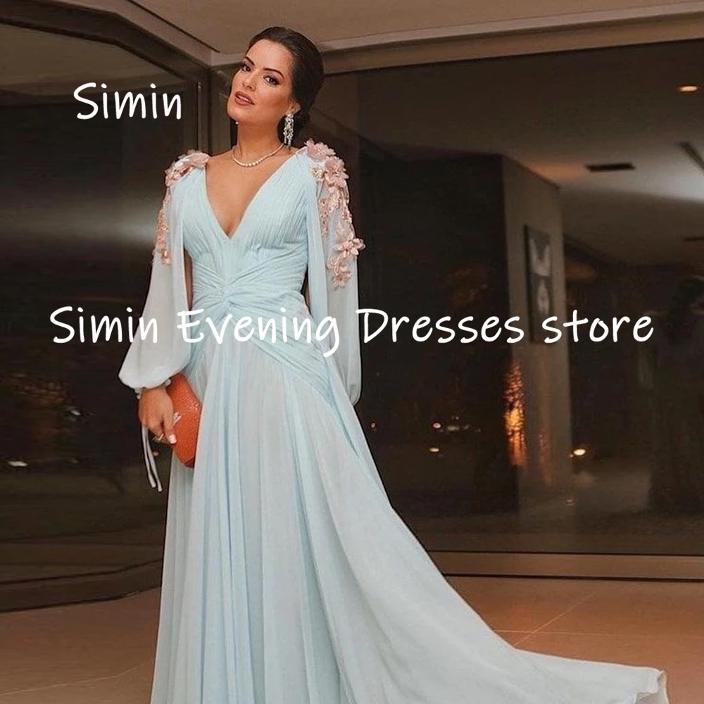 Simin-Robe de soirée élégante en mousseline de soie pour femme, ligne A, col en V, volants appliqués, longueur au sol, robes de Rh, 2023