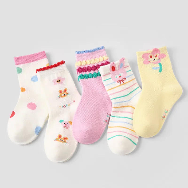 5 أزواج من جوارب الأميرة الأرنب الصغير للفتيات، تصميم مريح للغاية من القطن المرن متعدد الألوان على شكل سحابة الزهور #5