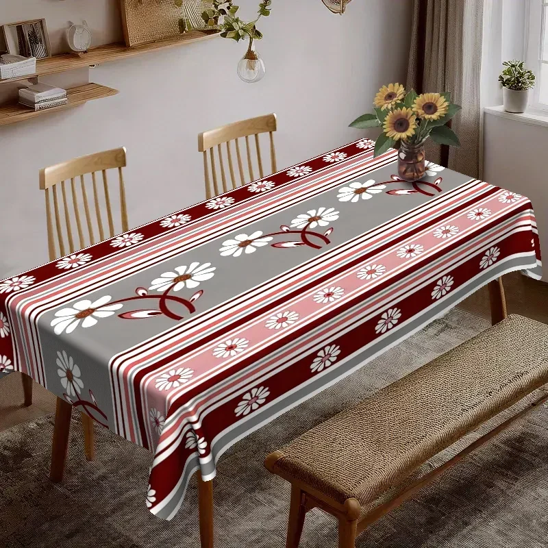 Red and gray striped white flower tablecloth - Retro farmhouse-style rectangular table cover, suitable for the dining tablexzj