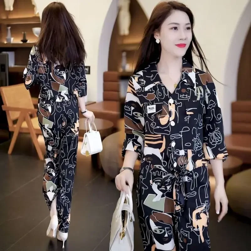 Women's Casual Wide Leg Pants Suit 2025 Spring Summer New Loose Seven-point Long Sleeve Printed Top And Trousers 2 Two Piece Set