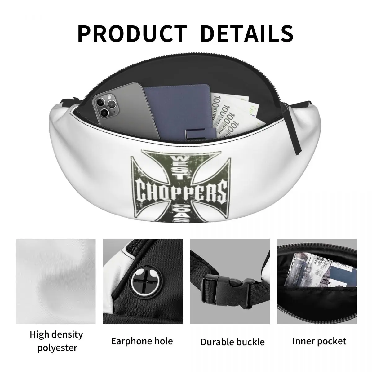 Customized West Coast Chopper Iron Cross 12 Fanny Pack for Men Women Fashion Crossbody Waist Bag Traveling Phone Money Pouch