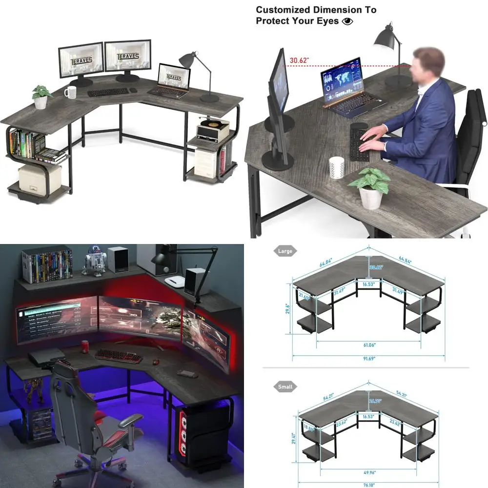

L-Shaped Gaming Computer Desk with Shelves, 64.84 Home Office Corner Desk in Black Oak and Black Finish